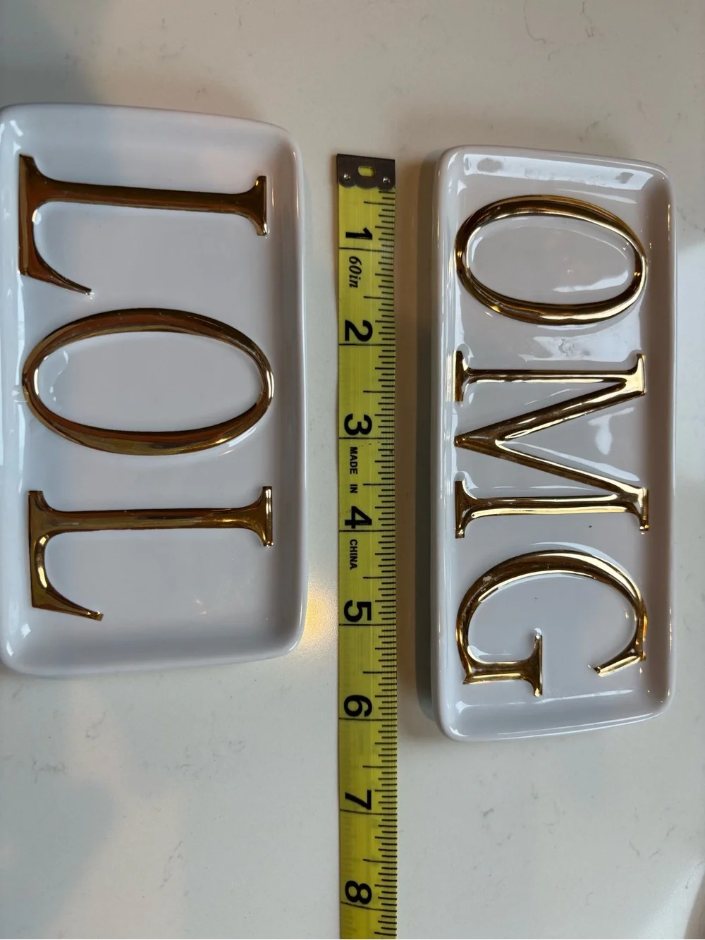 Pottery Barn White Ceramic Trinket Trays with Gold Lettering - OMG & LOL